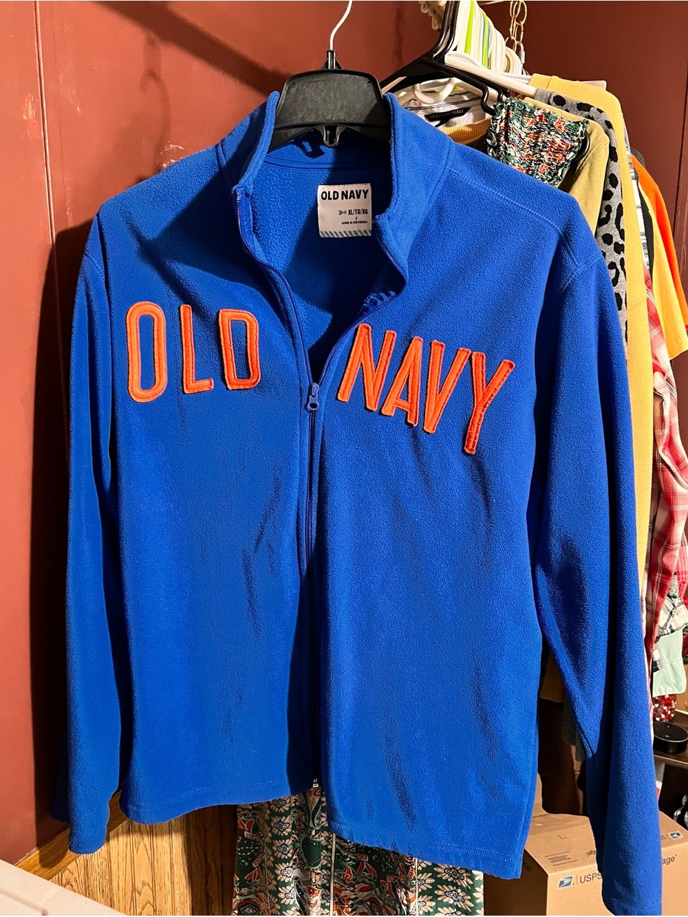 Old Navy Men's Bright Blue Full-Zip Fleece Jacket with Orange Logo